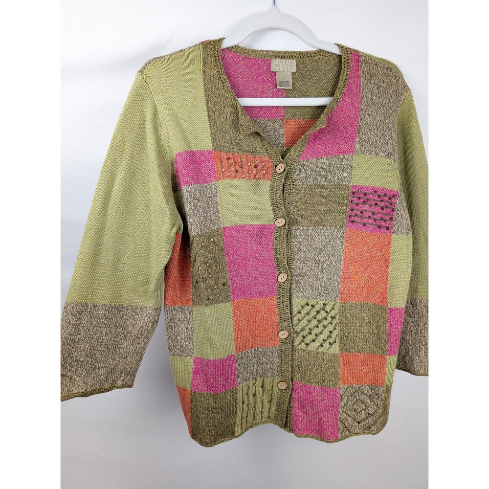 Vintage 90s Sigrid Olsen Patchwork Button Cardigan Sz L Cottagecore Retro Fairy